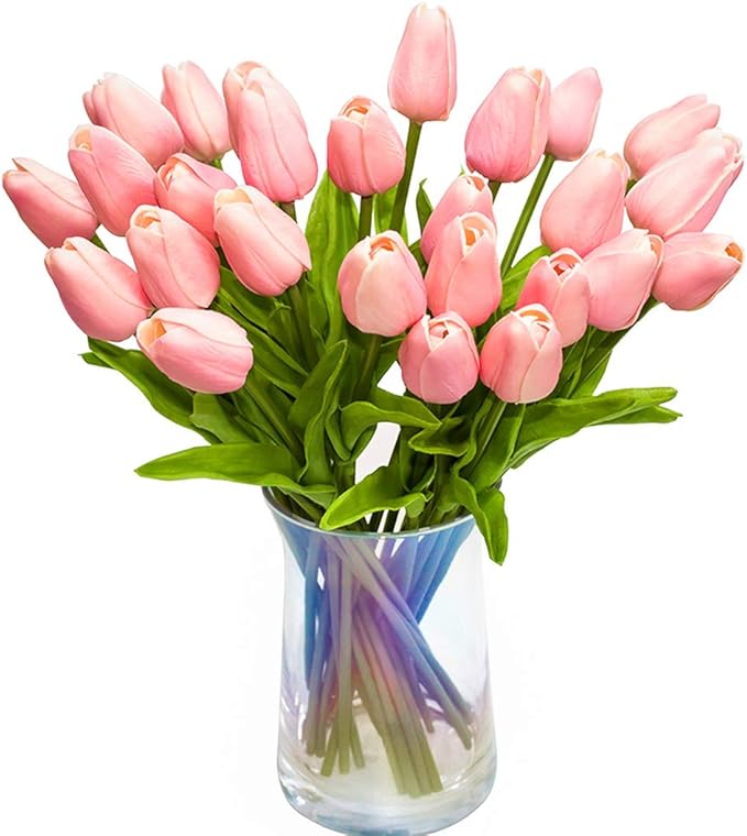 30pcs Artificial Tulips Flowers Real Touch Pink Tulips Fake Holland PU Tulip Bouquet Latex Flowers for Wedding Party Office Home Kitchen Decoration (Pink)