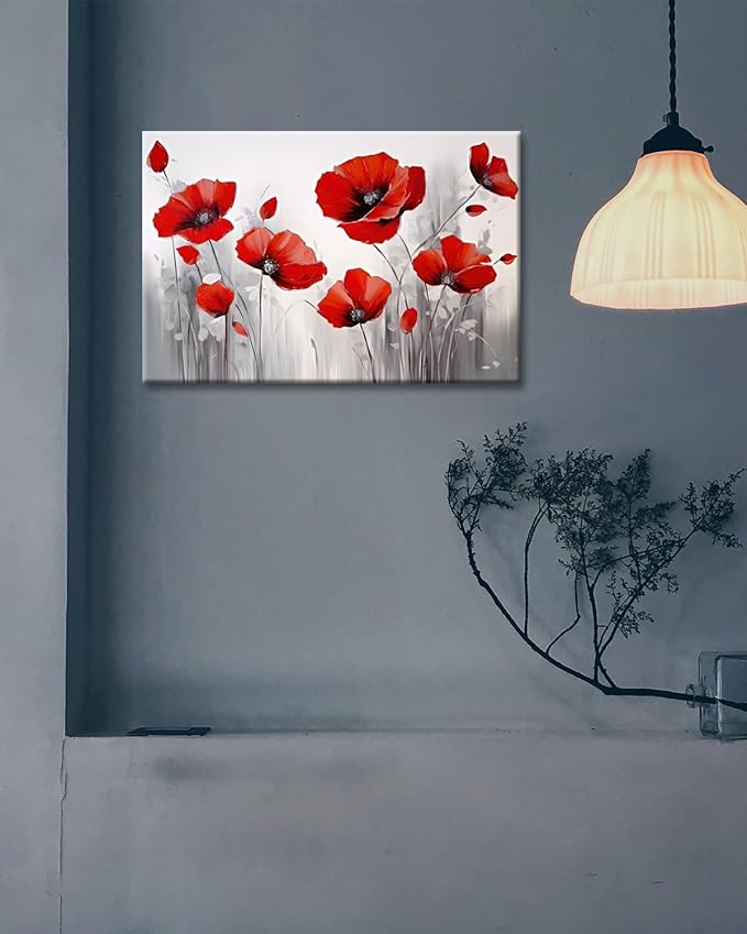 GLOKAK Red Poppies Wall Art - Modern Floral Red Poppy Flower on Grey Background Painting Poster Canvas Print Artwork For Home Bathroom Bedroom Decoration (36"x24")