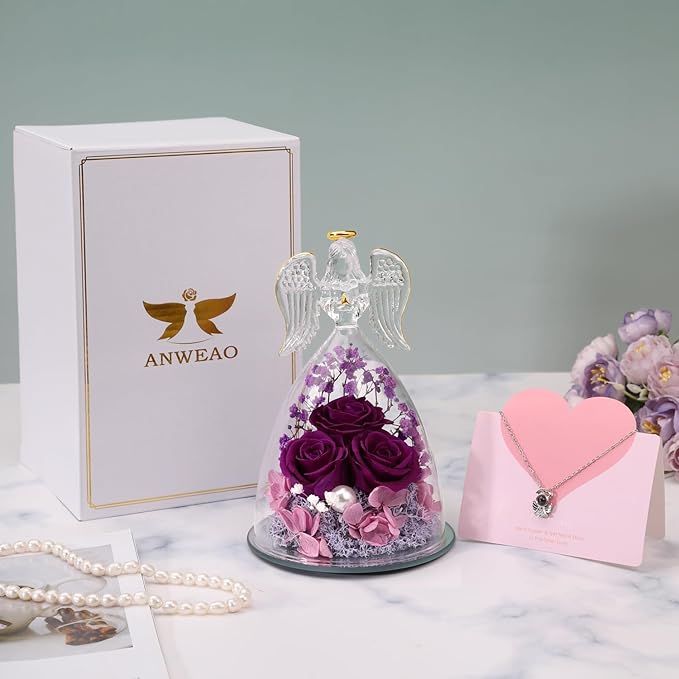 ANWEAO Preserved Flowers Birthday Gifts for Her Preserved Real Rose in Angel Glass Crystal Angel Figurines for Her Ideal Birthday,Mother's Day,Wedding,Valentine's,Thanksgiving Day,Christmas