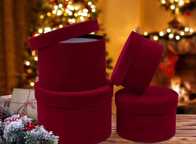 GnFlus Red Wine Gift Boxes for Presents Set of 4 Round Velvet Nesting Gifts Box for Arrangements Flowers Wedding Birthday Valentines Bridesmaid Christmas Party Anniversary