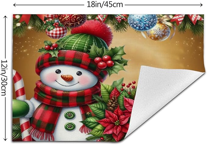 PVC Placemats Set of 4 Wipeable Table Mats Washable Heat Resistant Non Slip Vinyl Dining Table Mat for Kitchen Indoor Outdoor Patio Farmhouse Place Mats Christmas Ball Poinsettia Snowman Decorative