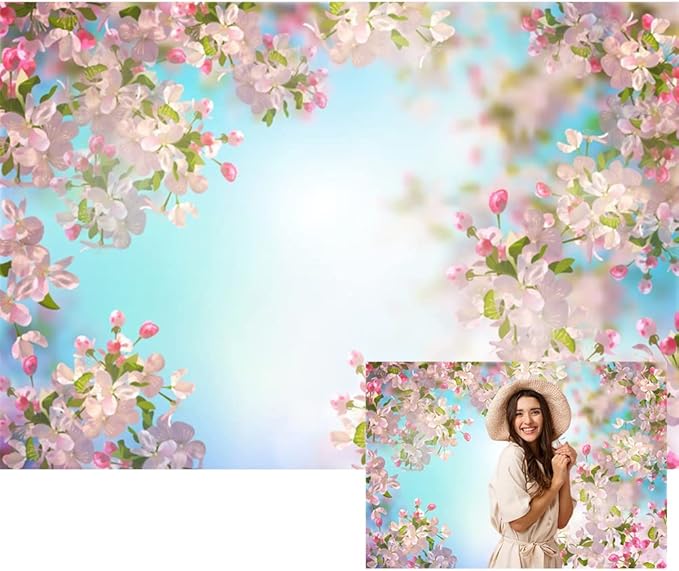 Renaiss 8x6ft Pink Floral Backdrop Romantic Cherry Blossom Blue Sky Sunshine Nature Scenery Polyester Photography Background for Wedding Kids Baby Birthday Party Decor Photo Props