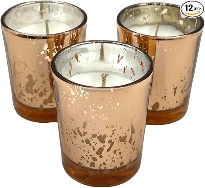 Mister Candle Unscented Rose Glass Votive Candles, Hand Poured 2" Mercury Glass Candle Jars for Home Décor, Wedding Centerpieces, Events, and More, Set of 12