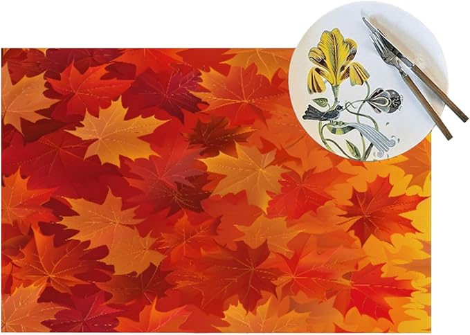 PVC Placemats Set of 1 Wipeable Table Mats Washable Heat Resistant Non Slip Vinyl Dining Table Mat for Kitchen Indoor Outdoor Patio Farmhouse Place Mats Orange Thanksgiving Maple Decorative