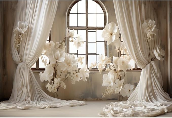 9x6ft Wedding Party Decorations Banner Backdrop Wedding Reception Photography Backdrop White Floral Flowers Curtains French Frame Photo Backgrounds Baby Shower Photo Shoot Portraits Props