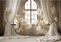 12x8ft Wedding Party Decorations Banner Backdrop Wedding Reception Photography Backdrop White Floral Flowers Curtains French Frame Photo Backgrounds Baby Shower Photo Shoot Portraits Props