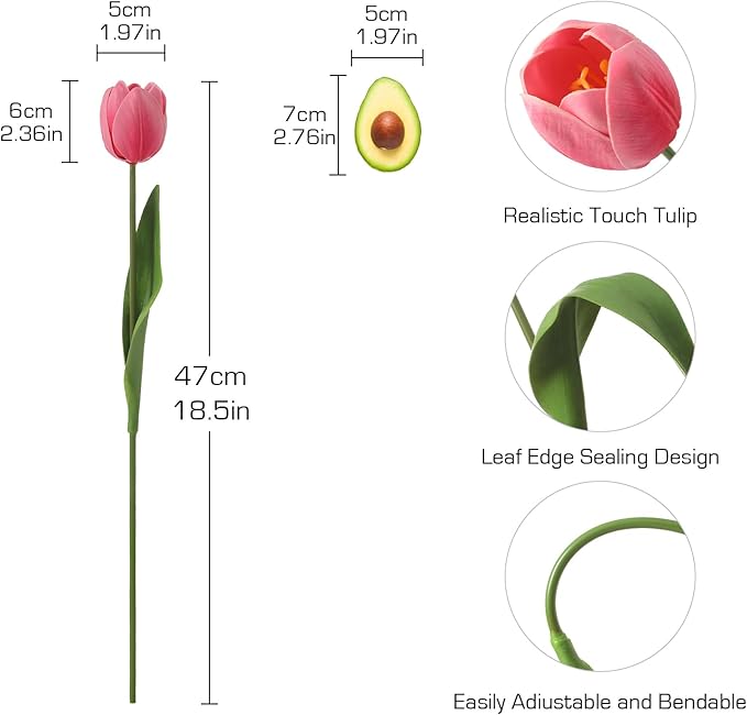 10PCS Artificial 18.5" Long Stem Pink Tulips Bouquet PU Flowers, Fake 6 Color Tulip Faux Flowers with Bendable Stems for Floral Table Wedding Home Decor