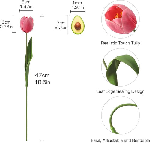 10PCS Artificial 18.5" Long Stem Pink Tulips Bouquet PU Flowers, Fake 6 Color Tulip Faux Flowers with Bendable Stems for Floral Table Wedding Home Decor