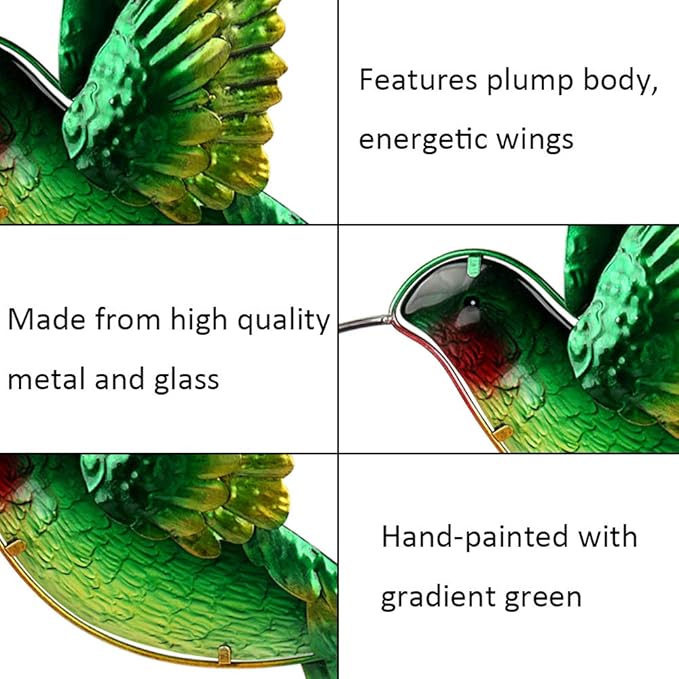 John's Studio Metal Hummingbird Wall Decor Bathroom Glass Art Iron Sculpture Outdoor Hanging Decoration for Home Bedroom Garden Patio Porch or Fence - Green