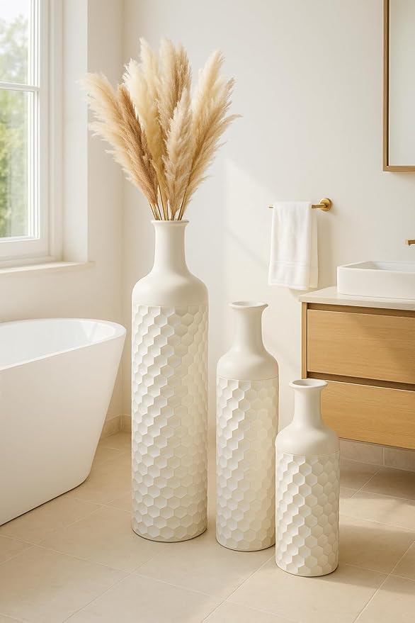 Leewadee Set of 3 Large Floor Vases – Decorative Tall Metal Vases in White (27/20/16 inches) – Elegant Home Decor for Stylish Interiors