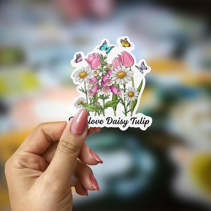 HANDICHI Design 5-Pack 2 Inch Foxglove Daisy Tulip Stickers – Floral Vinyl Decals, FDT Bumper Stickers, Waterproof Aesthetic Flower Sticker Pack for Laptops, Water Bottles, Journals