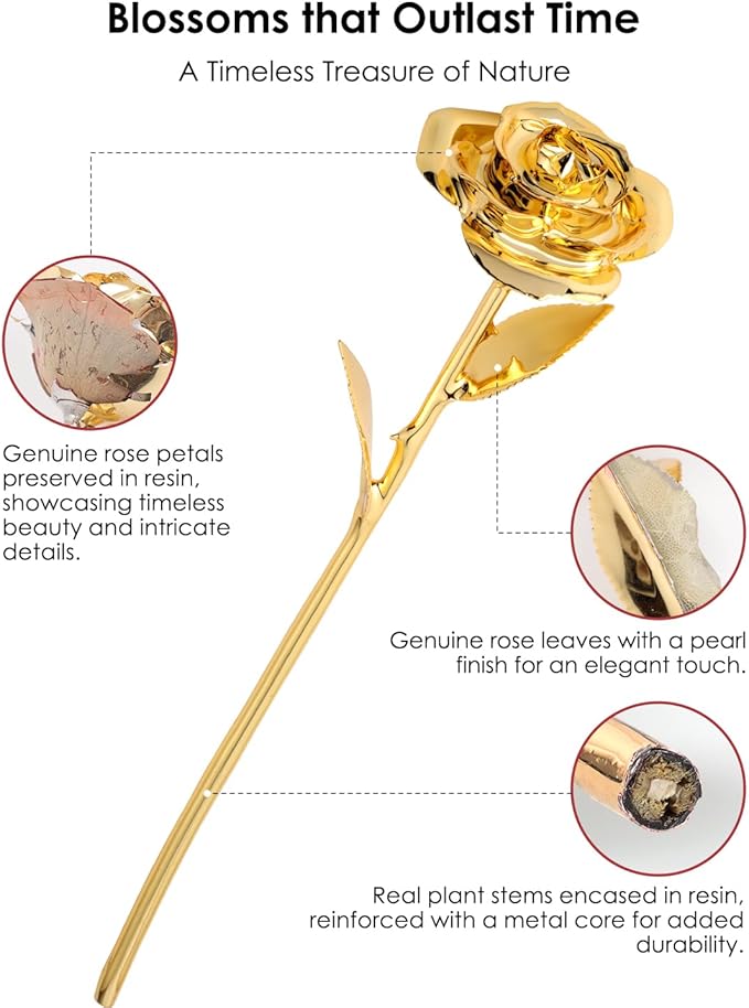 24K Gold Dipped Real Rose – Handcrafted, Elegant, One of a Kind – Romantic Gift for Her – Ideal for Birthday, Anniversary, Mother’s Day, Valentine’s (Gold)