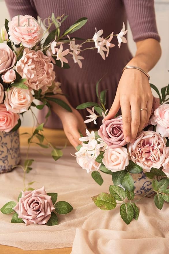 Ling's moment Artificial Flowers 50Pcs Dusty Rose Roses Decor w/Stems,3" Real Touch DIY Foam Floral for Wedding Bouquet/Centerpieces, Outdoors Party Backdrop, Room/Table, and Garden/Pot Decorations
