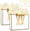 JMANNI Gift Bag, Medium Gift Bags with Tissue Paper, 2Pcs Gift Bags Medium Size with Handle and Bow Ribbon for Any Birthday, Weddings, Mothers Day & Special Occasion 11''x7.87''x4'' (Golden-White)