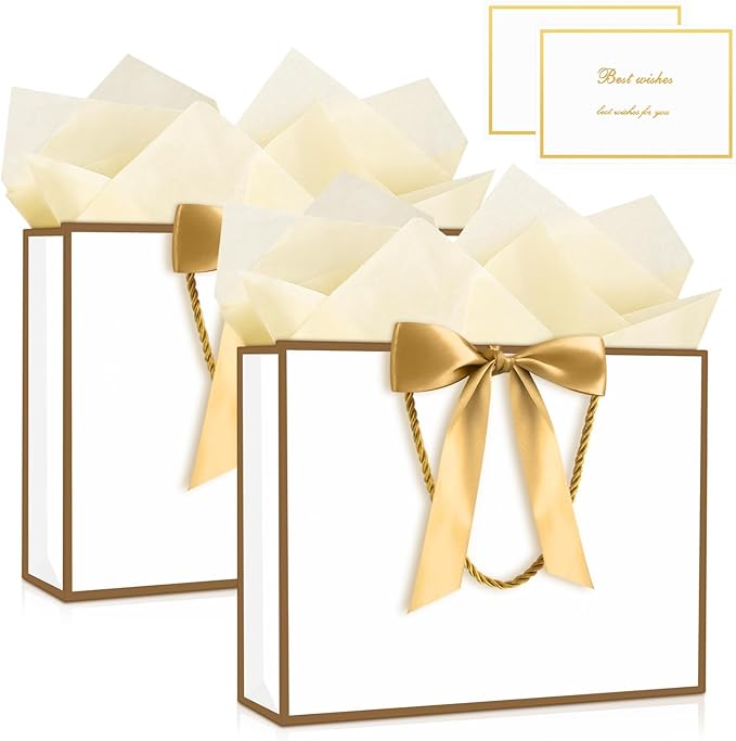 JMANNI Gift Bag, Medium Gift Bags with Tissue Paper, 2Pcs Gift Bags Medium Size with Handle and Bow Ribbon for Any Birthday, Weddings, Mothers Day & Special Occasion 11''x7.87''x4'' (Golden-White)