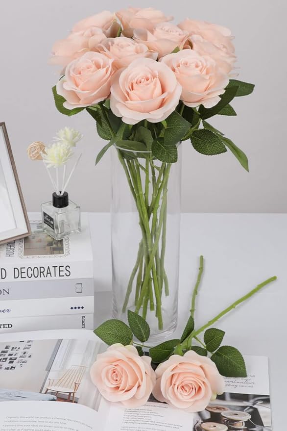 12pcs Roses Artificial Flowers Pink Fake Roses Flowers with Long Stems Silk Flowers for Wedding Bouquet Centerpices Decorations Party Bridal Baby Shower Home Decor