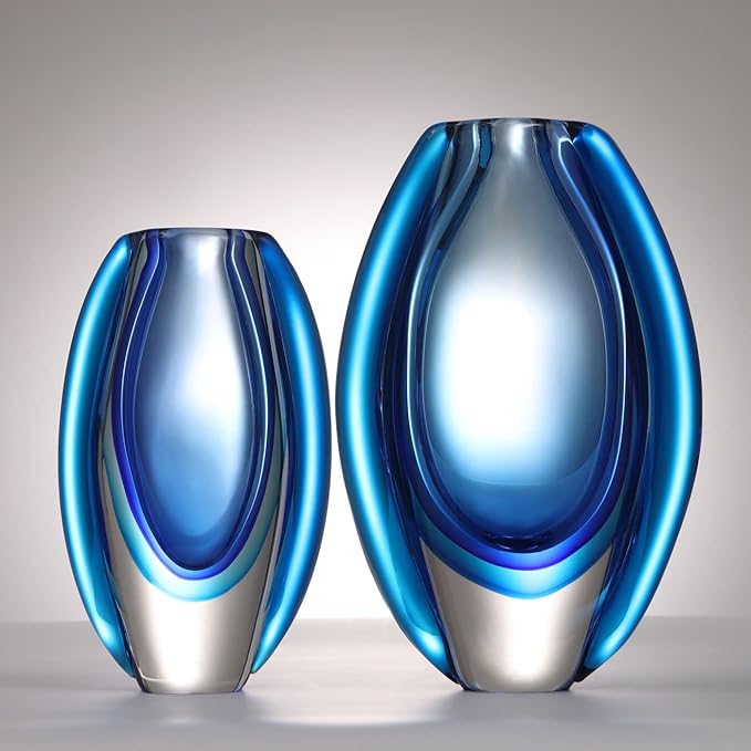 Luxury Lane Hand Blown Sommerso Oval Art Glass Vase for Decor Centerpiece Table Decoration Blue 8.5 inch Tall