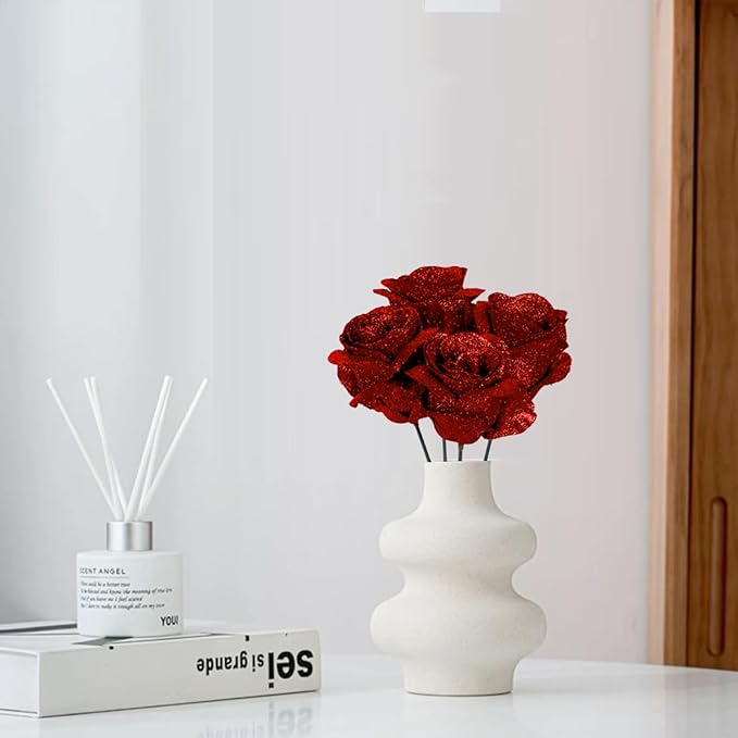 Glitter Roses,30PCS Fake Red Roses Glitter Flowers Bouquet Artificial Roses with Stems for DIY Crafts Wedding Bouquet Party Home Decor(Red)