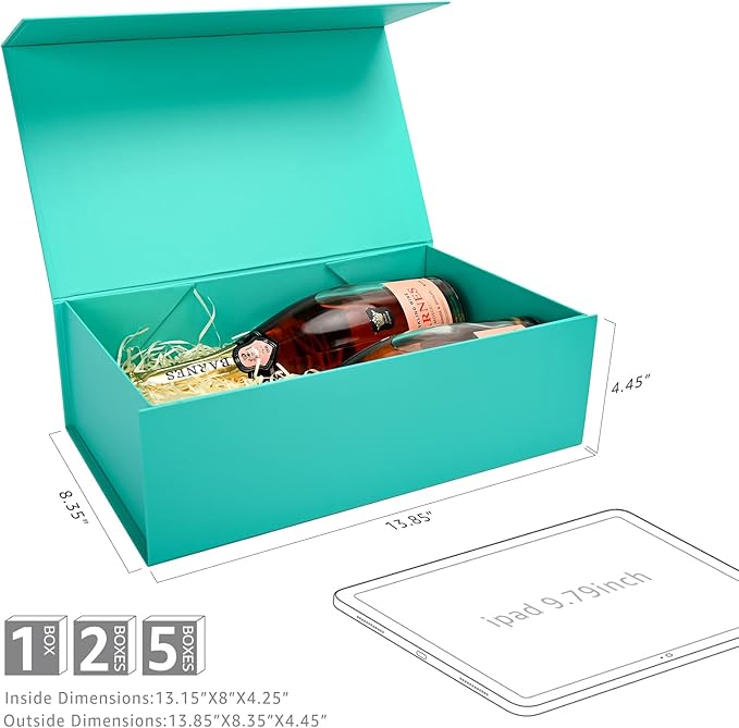 LIFELUM Large Gift Boxes with Lids,5 Pack 13.85 x 8.35 x 4.45 inch Rectangle Collapsible Gift Boxes with Ribbon,Card,Shredded Paper Filler Christmas,Birthdays