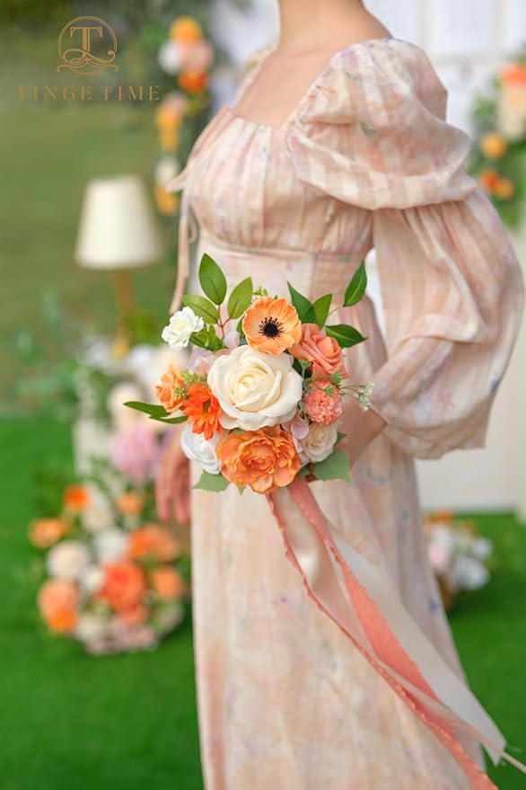 TINGE TIME Bridesmaid Bouquets for Wedding Set of 6 CoralPink & Champagnee 7 Inch Wedding Bouquets Artificial Silk Flowers Bridal Bouquets for Bridesmaids, Wedding Decor, Anniversary