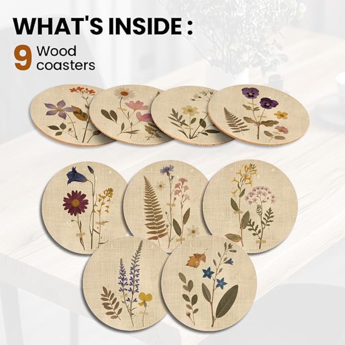 ANATTASOUL Coasters Set of 9 Vintage Flowers and Plants Pattern Colorful Wooden Coasters Bulk Round Housewarming Gift for New Home, 3.9" Decorative Coffee Table Protection for Farmhouse Bar Decor