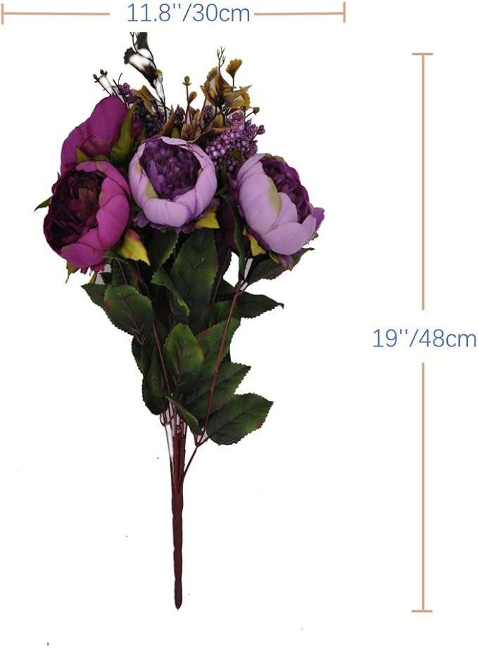 2pcs Artificial Peony Bouquets,19 Inch Silk Peony Bunch with 7 Faux Flowers,Classical Style Artificial Flowers with Leaves and Ornaments for Wedding,Home Décor Centerpieces(Purple)