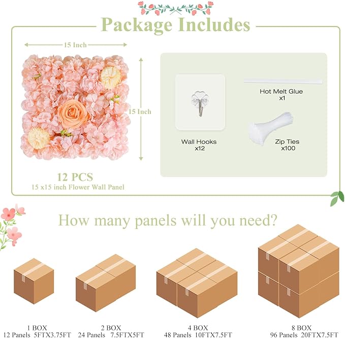 FUHSY Pink Flower Wall Backdrop 3D Rose Flower Wall Panel 12 Packs 15 x 15 Inch Artificial Flower Wedding Backdrop for Photo Floral Background for Bridal Shower Birthday Party Stage Room Decor