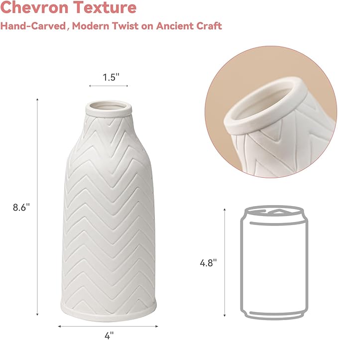 White Ceramic Vase with Chevron Texture - 8.6" Unique Flower Vase for Pampas Grass & Centerpieces, Decorative Boho/Farmhouse Vase for Living Room, Office Desk & Housewarming Gift (for Her/Yourself)