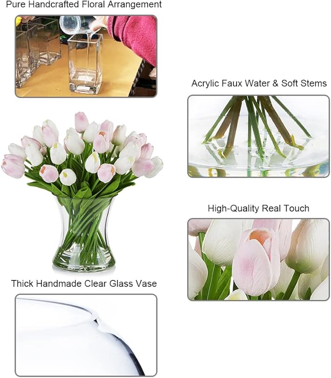 ENOVA FLORAL 40 Heads Artificial Tulips Flowers with Vase Mixed White Pink Colors, Real Touch Tulips Floral Arrangement with Vase, Fake Flowers in Vase for Home Decor, Wedding Centerpieces