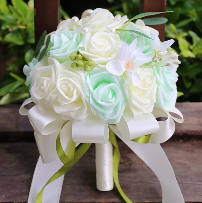 Lightweight Bridal Wedding Bouquet Round Holding Bouquet Throw Toss Artificial Rose Flower Bunch for Bride Bridesmaid Wedding Quinceanera (Cream & Light Cyan, 7.9")