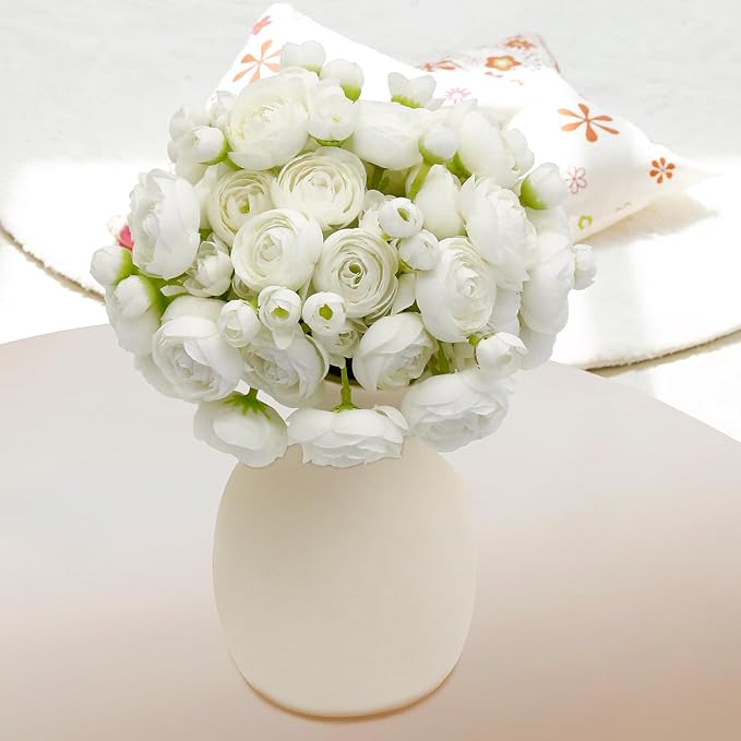 24 Pcs Ranunculus Artificial Flowers 10.5", Mini Faux Silk Ranunculus with Stem, Fake Flowers for Home Decor Indoor Wedding Bouquets Centerpieces (White)