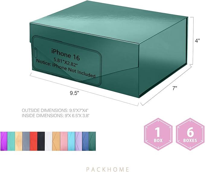 PACKHOME Christmas Gift Box 9x6.5x3.8 Inches, Rectangle Collapsible Box with Magnetic Lid for Xmas Gift Packaging (Glossy Dark Green)