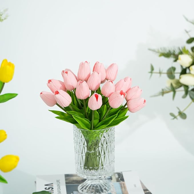 Real Touch Artificial Tulips, 20pcs Fake Tulip Flowers Stem, PU Faux Tulips 13.5” for Mother's Day, Home Decor, Wedding, Easter Valentine's Gift, Table Centerpieces, Floral Arrangements, Pink