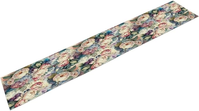 Vintage Floral Table Runner,Girls Women Rose Romantic Leaf Botanical Watercolor Pattern Print Burlap for Hotel Indoors Outdoor Dining Room Kitchen Holiday Party, 13x70in