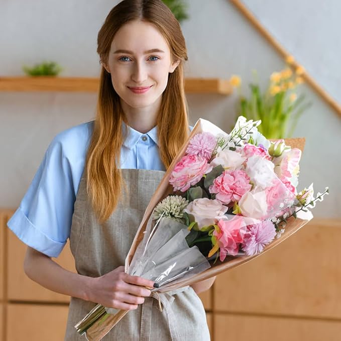 HSONAIGEE 50 Pieces Flower Bouquet Wrapping Paper, 22 x 14.2 Inch Extra Large Flower Bags for Bouquets Kraft Floral Wrap Sleeves with Ribbons for Home Mother’s Day Wedding Flower Bar Supplies