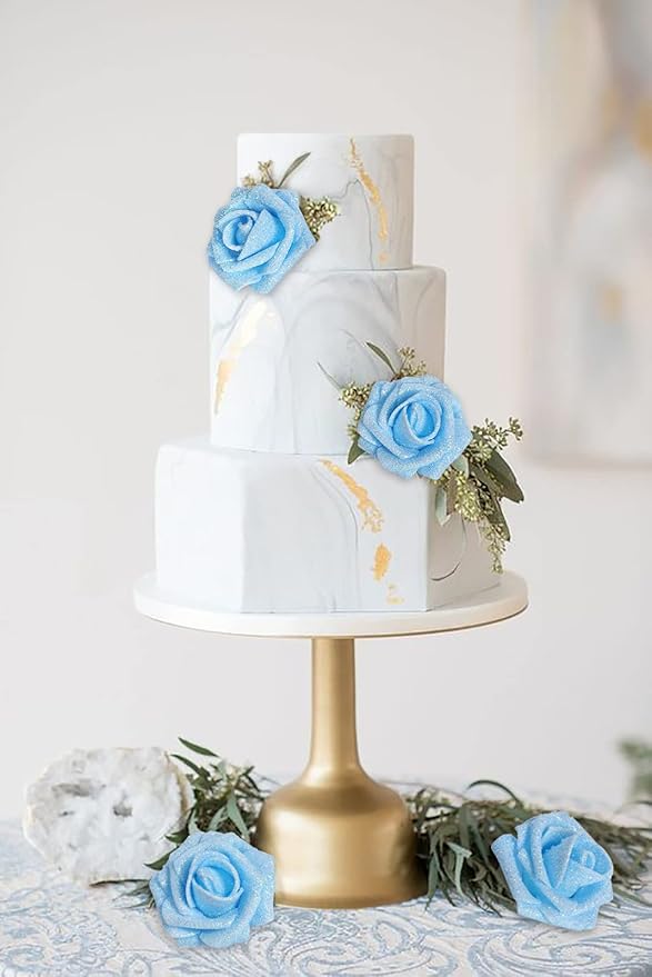 IPOPU Artificial Glitter Roses, 25pcs Foam Glitter Roses Glitter Flowers Foam Rose with Stem for DIY Wedding Bridal Bouquet Home Party Decoration(Light Blue)