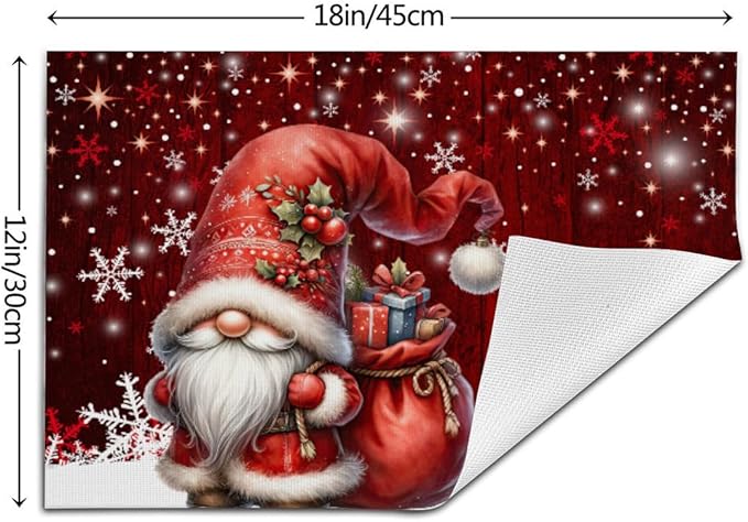 PVC Placemats Set of 1 Wipeable Table Mats Washable Heat Resistant Non Slip Vinyl Dining Table Mat for Kitchen Indoor Outdoor Patio Farmhouse Place Mats Red Santa Claus Gnome Decorative