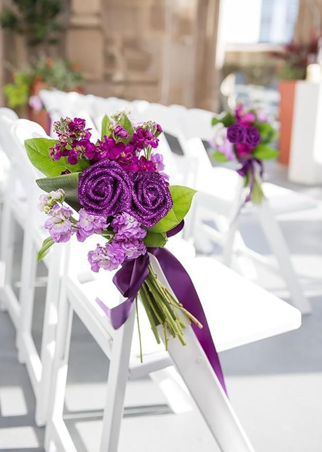 Foam Roses,50PCS Purple Glitter Roses Artificial Flowers 2.76" Fake Roses with Stem for Wedding Christmas DIY Wreath Home Table Floral Arrangement(Purple)