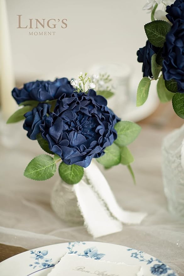 Ling's moment Flowers 16pcs Navy Blue Blooming Peonies Artificial Flowers with Stem, Artificial Peony Flowers for DIY Wedding Decorations Centerpieces Bouquets Boutonnieres