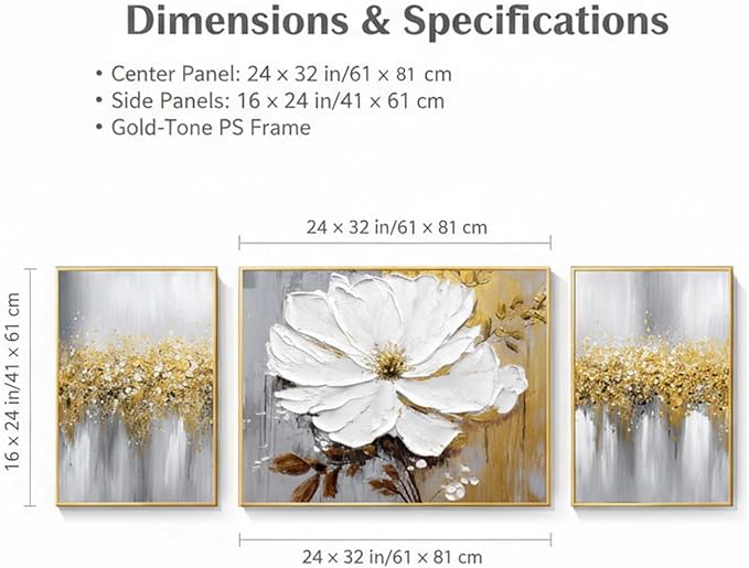 Hand-Painted Floral Canvas Oil Painting for Living Room,Framed 3D Gold and White Abstract Wall Art for Bedroom, Large 3 Pieces Flowerl Wall Painting for Office Kitchen Bathroom Home Decor 24x64 inches
