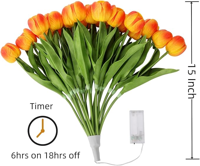 LED Lighted Artificial Tulip Lamp, Real Touch Tulip Flowers, 15 Inch Faux Tulip Bouquet with Battery Operated Lights for Gifts, Home Kitchedn Wedding Decor (Orange)