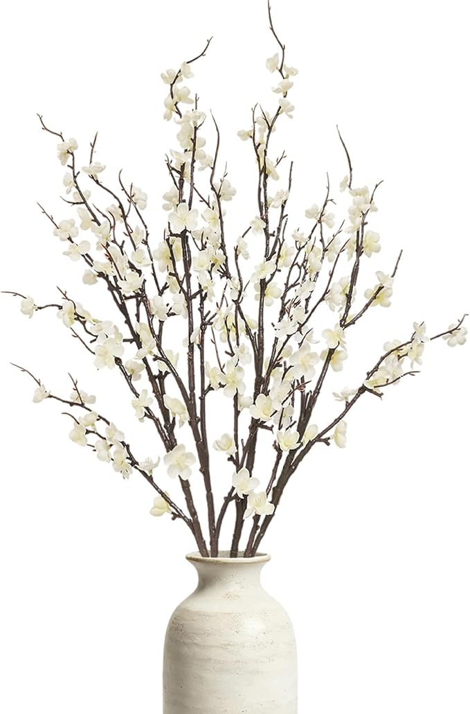 4 Pcs Cherry Blossom Branches 39 Inch White Fake Flowers Spring Decorations for Home Decor, Artificial Flowers Long Stem Branches for Vase Wedding Office Party Table Decor Centerpieces
