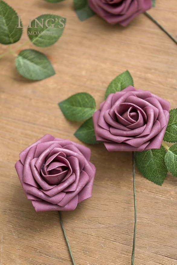 Ling's moment Artificial Flowers 50Pcs Mauve Roses Decor w/Stems,3" Real Touch DIY Foam Floral for Wedding Bouquet/Centerpieces, Outdoors Party Backdrop, Room/Table, and Garden/Pot Decorations