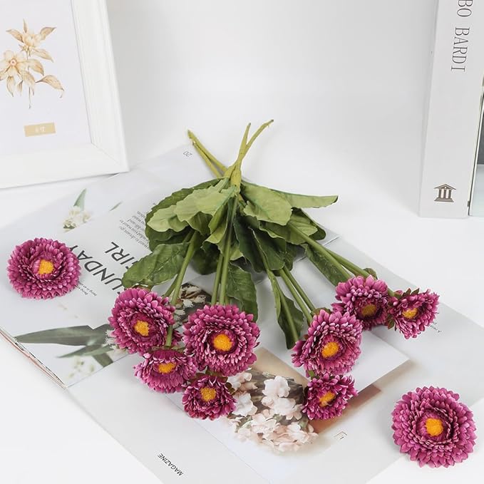 Purple Daisy Flowers Artificial 8pcs Realistic Faux Chrysanthemum Silk Calendula Flowers with Stems for Wedding Bouquet Home Party Decoration(Purple)