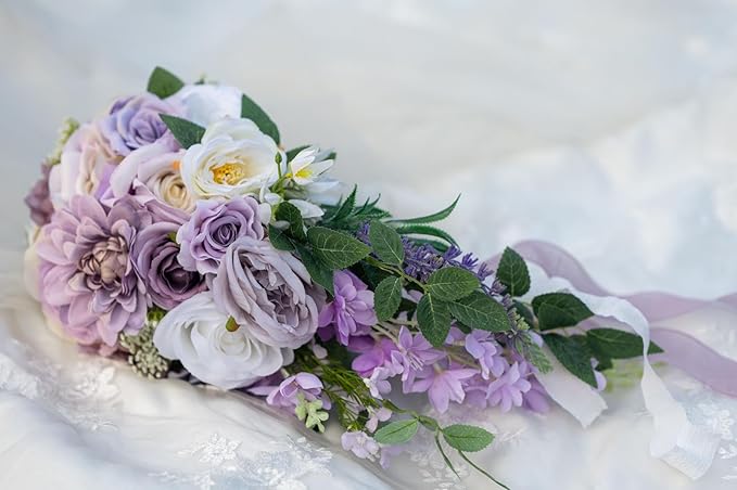 Bridal Bouquets for Wedding, Cascading Bouquets for Bride Lilac Purple Rose Artificial Bridal Bouquet for Wedding Anniversary Ceremony Bridal Shower Party Church Decoration