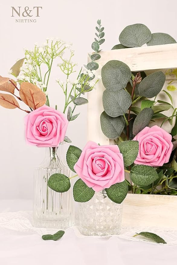 N&T NIETING Artificial Flowers Pink Roses, 50Pcs Fake Flowers Foam Roses with Stems for DIY Wedding Bridesmaid Bridal Bouquets Centerpieces Party Home Decoration Baby Shower