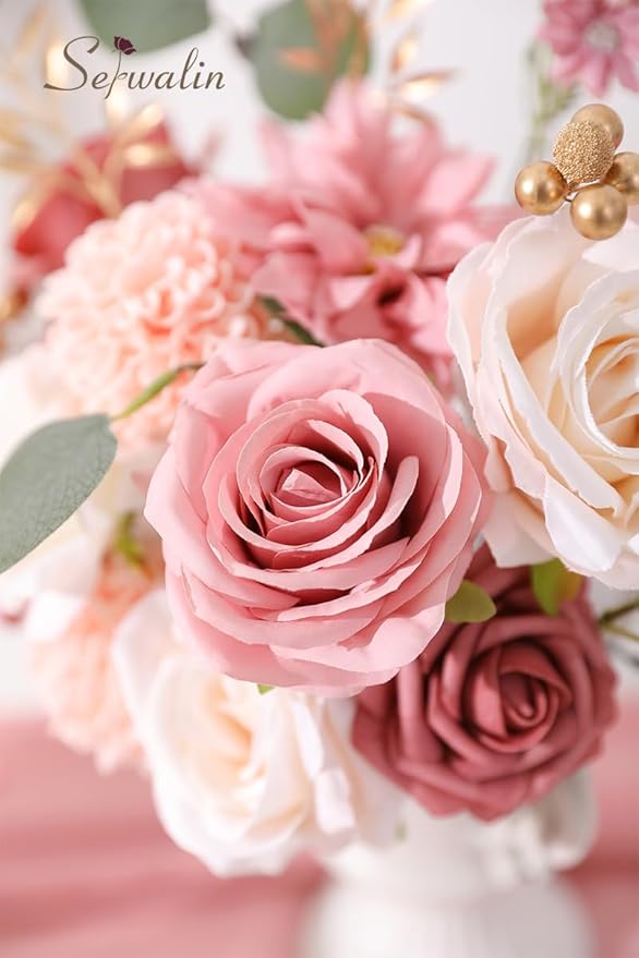 Serwalin 2PCS Artificial Pink Silk Dahlia Flowers - Fake Wedding Bouquets & Centerpieces - Baby Shower & Home Decor