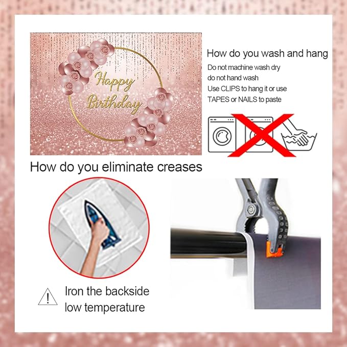 Pink Rose Gold Happy Birthday Backdrop Glitter Rose Gold Floral Balloon Bokeh Photography Background Girls Lady Sweet 16th 21th 30th Birthday Party Cake Table Photo Props 8x6FT