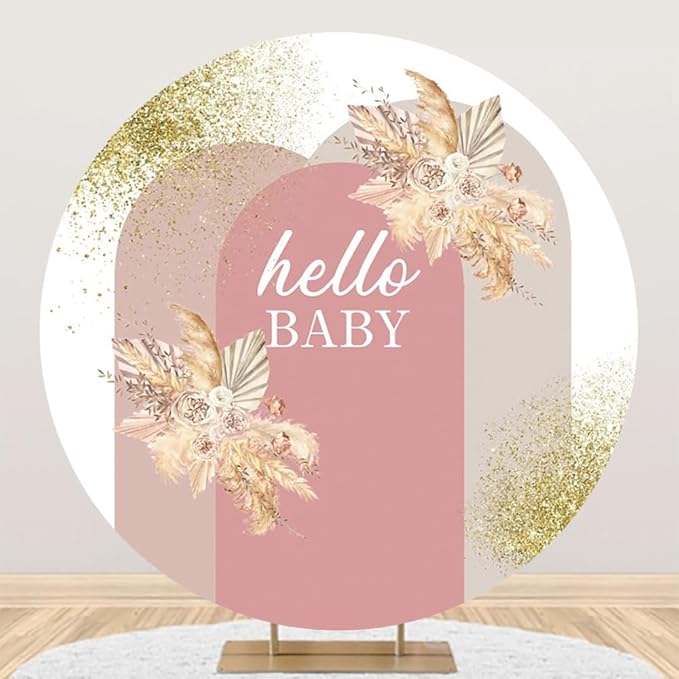 AOFOTO 7.2x7.2ft Boho Baby Shower Round Backdrop Cover Bohemian Chic Pink Arch Cover with Flowers Hello Baby Theme Photography Background Newborn Birthday Party Decorations Banner Photo Booth Props