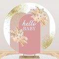 AOFOTO 7x7ft Boho Baby Shower Round Backdrop Cover Bohemian Chic Pink Arch Cover with Flowers Hello Baby Theme Photography Background Newborn Birthday Party Decorations Banner Photo Booth Props